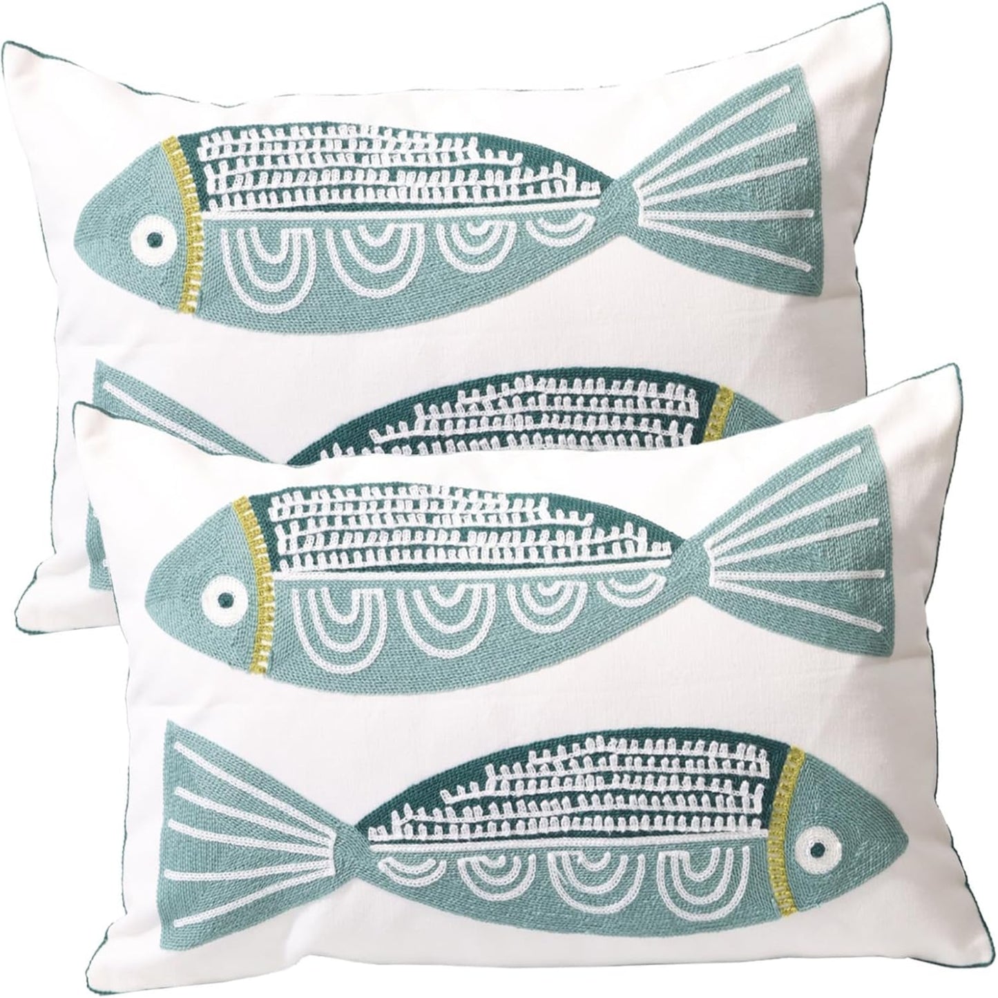 Cojín decorativo, bordado de peces, 12x20 pulgadas