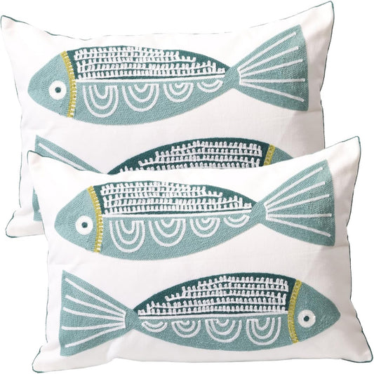 Cojín decorativo, bordado de peces, 12x20 pulgadas