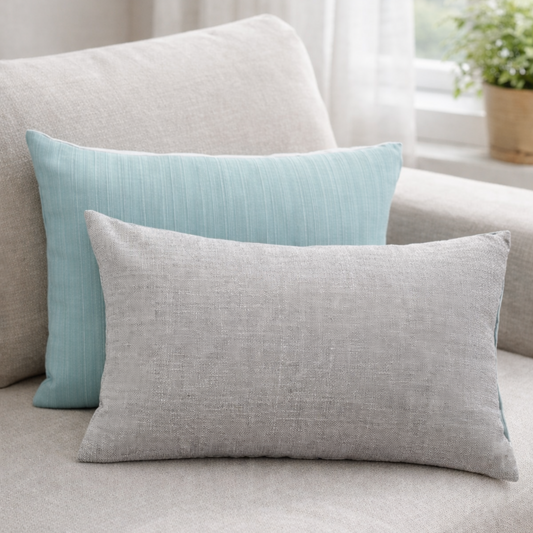 Cojín decorativo gris/azul pequeño